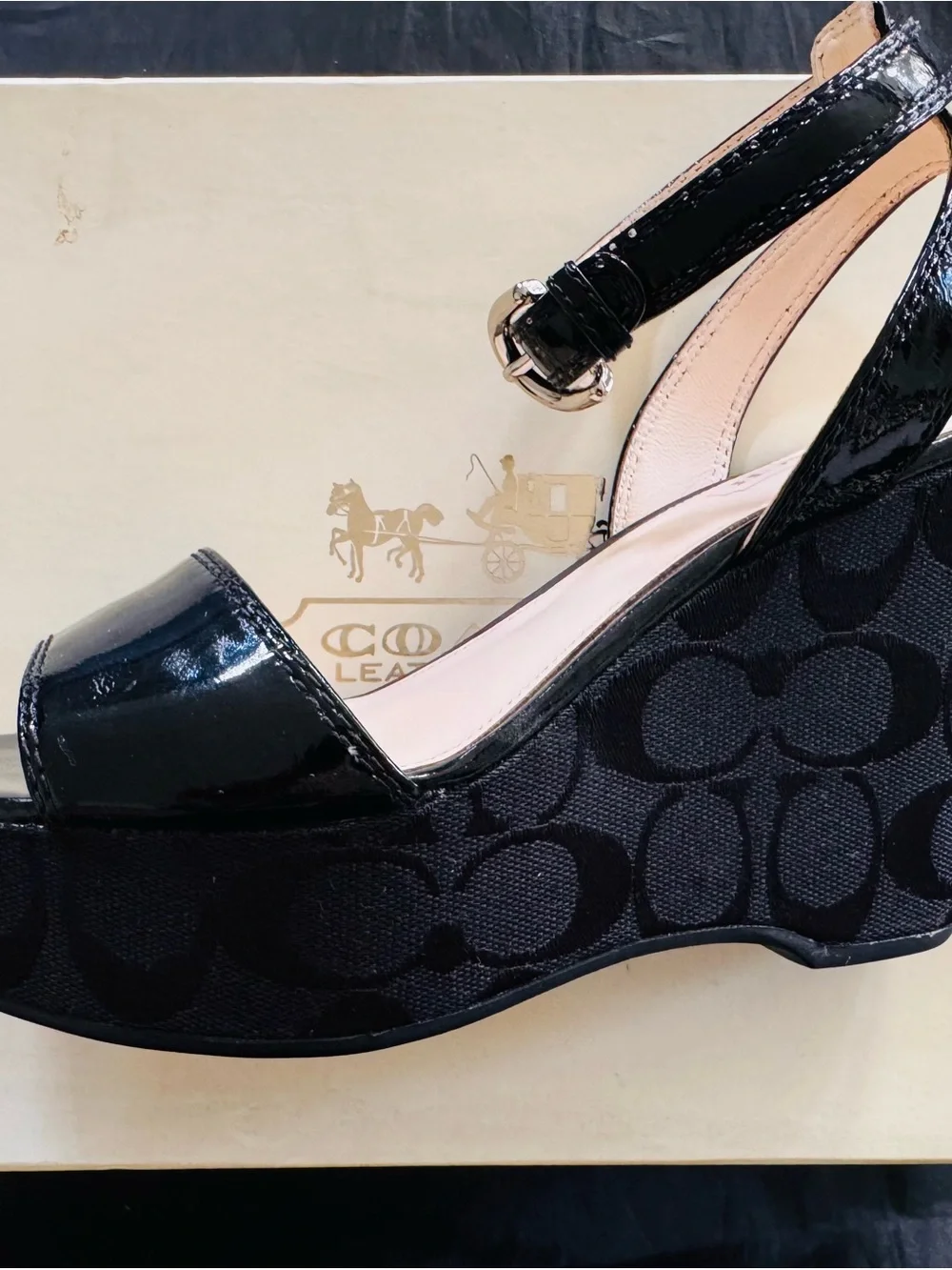 Coach Black Patent Leather Platform Wedge Sandals